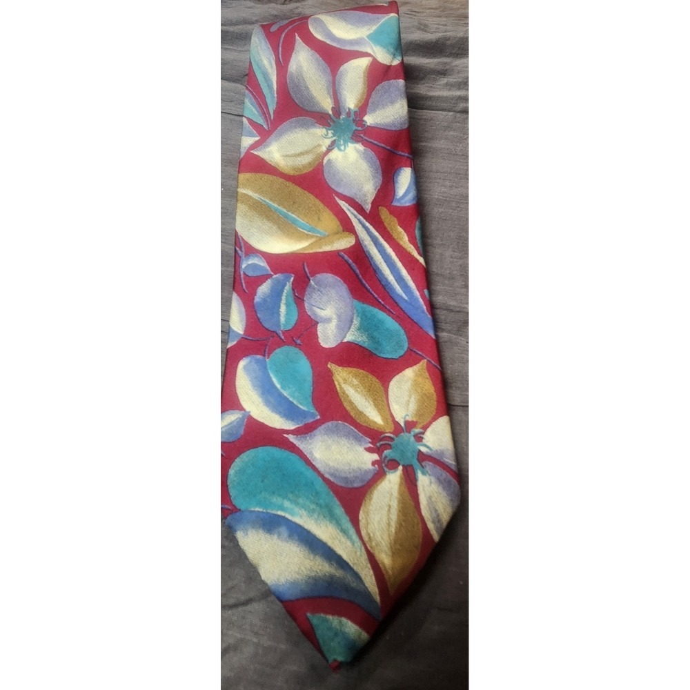 VINTAGE Geoffrey Beene Tie Mens Silk Abstract Floral Geometric Burgundy Blue 90s - Picture 1 of 4